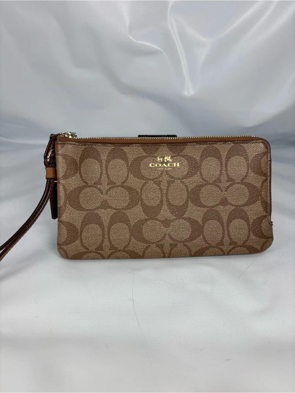 Coach Brown Signature Canvas Wristlet with Gold Logo